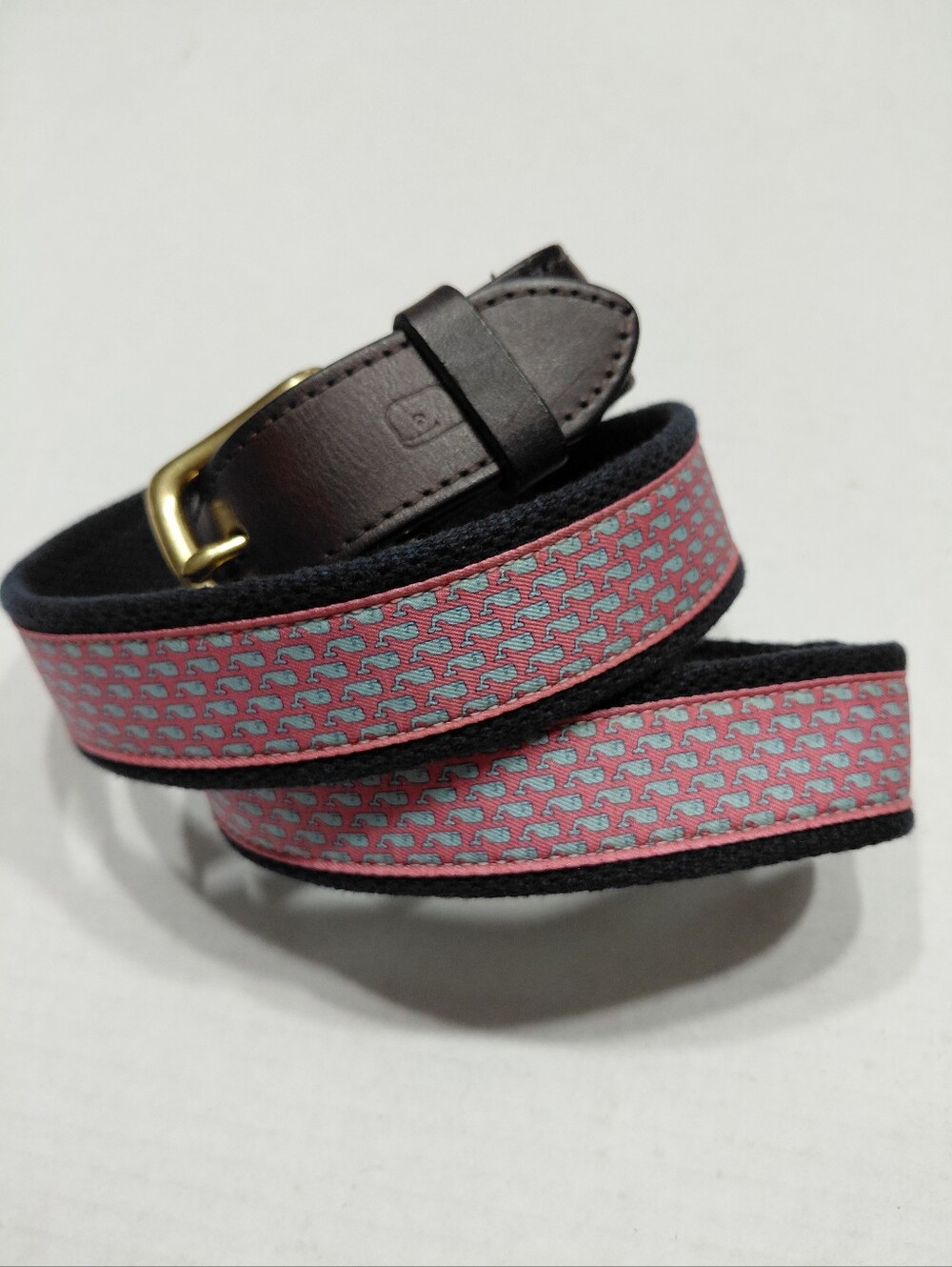 Vineyard Vines Pink Silk Logo Whales Cotton Leather Club Belt